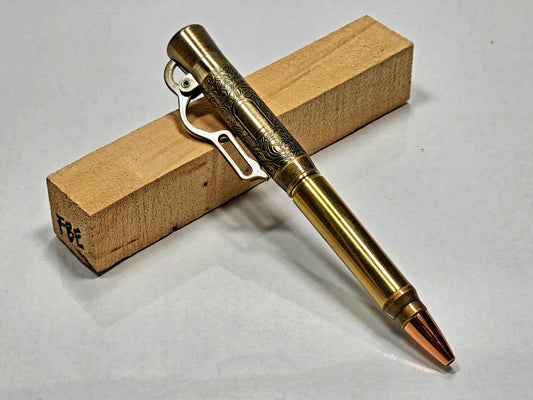Handcrafted Antique Brass Lever Action Ballpoint Pen with Deer Engraved Cap