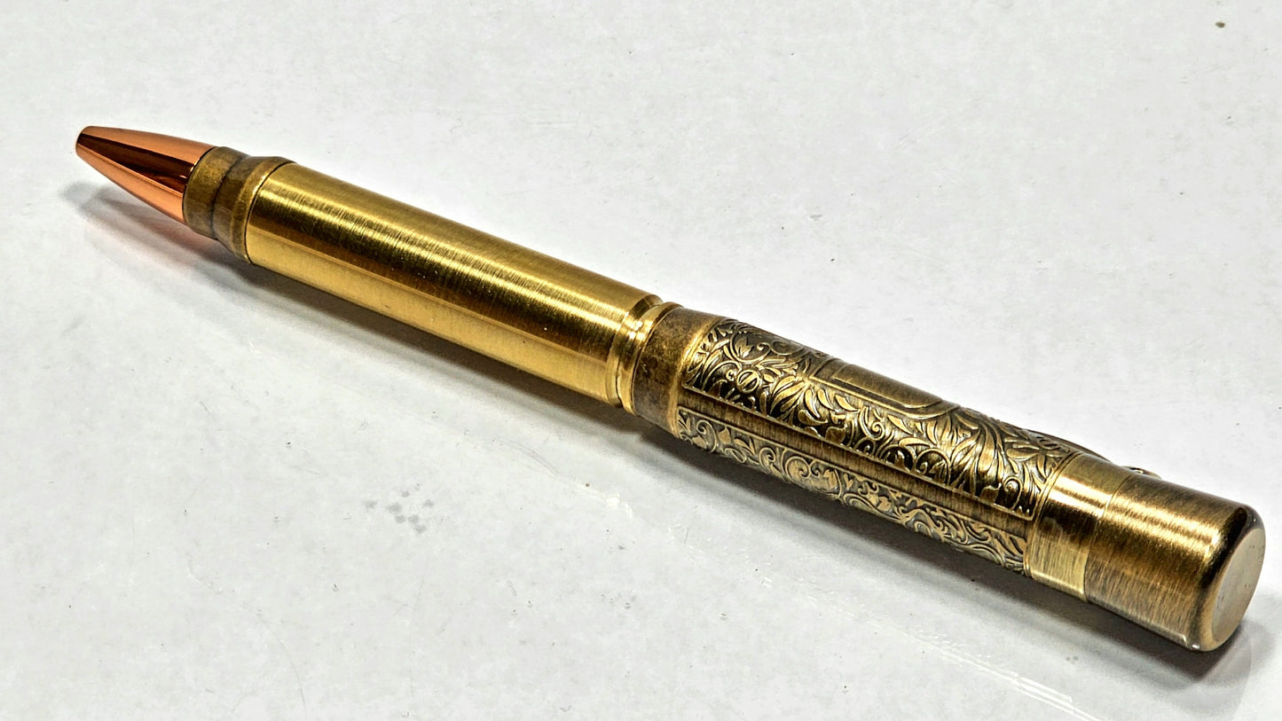 Handcrafted Antique Brass Lever Action Ballpoint Pen with Deer Engraved Cap