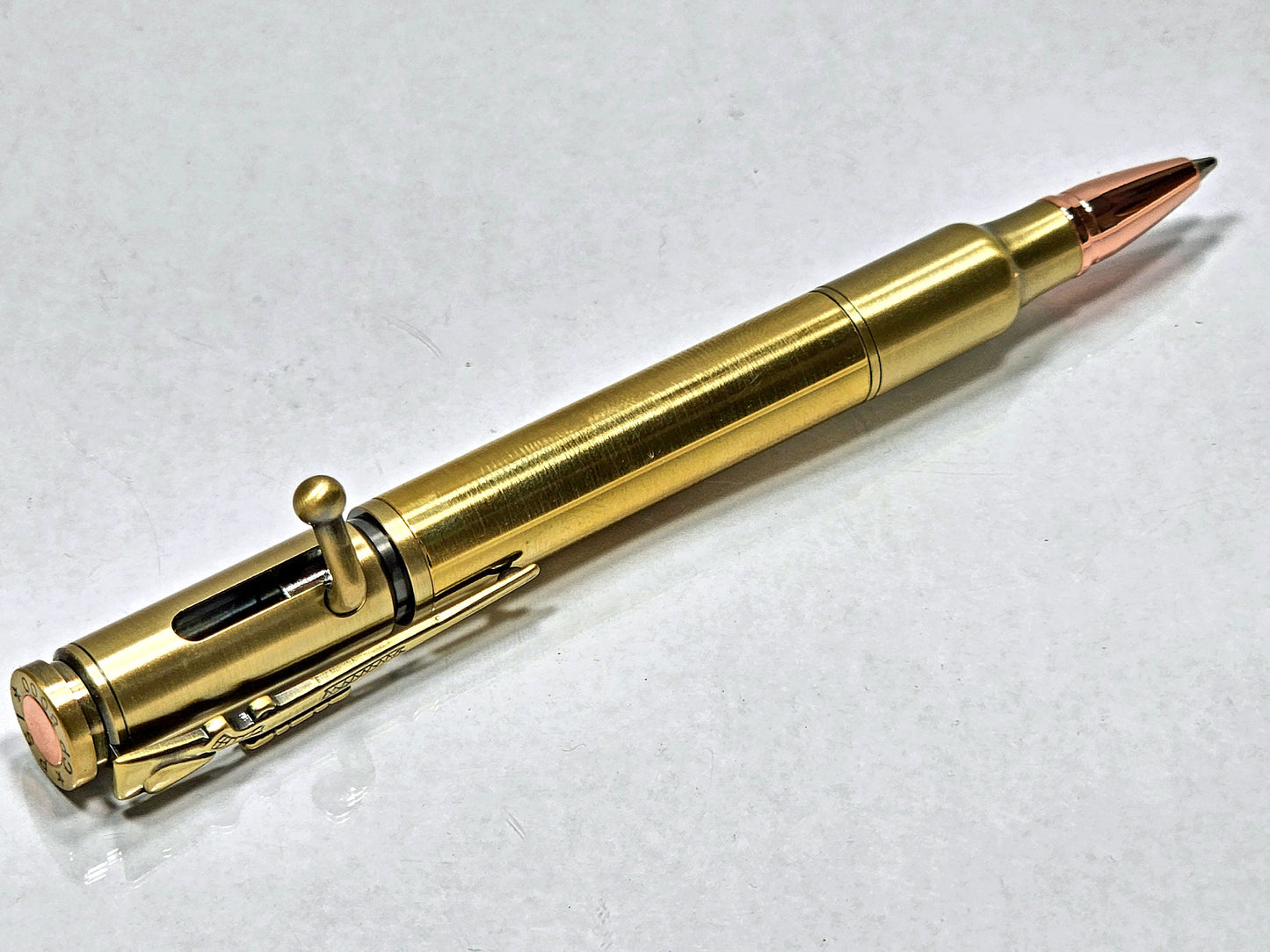 Handcrafted Antique Brass Bolt Action Ballpoint Pen with Rose Gold Bullet Tip and Rifle Clip