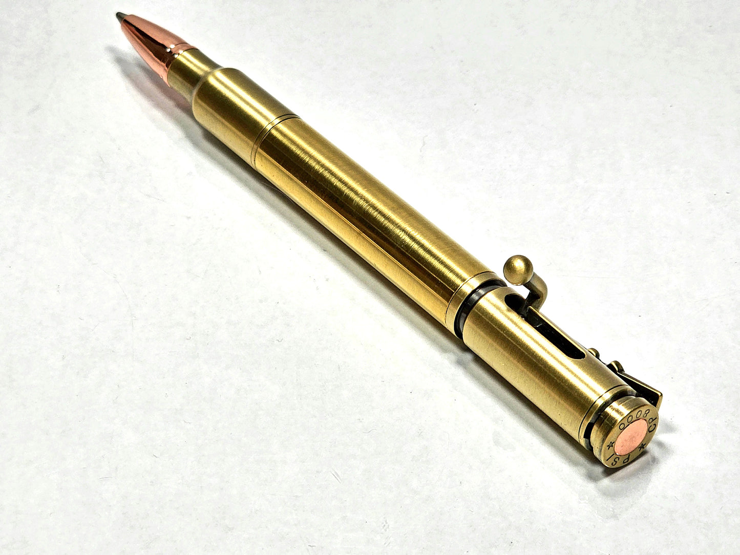Handcrafted Antique Brass Bolt Action Ballpoint Pen with Rose Gold Bullet Tip and Rifle Clip