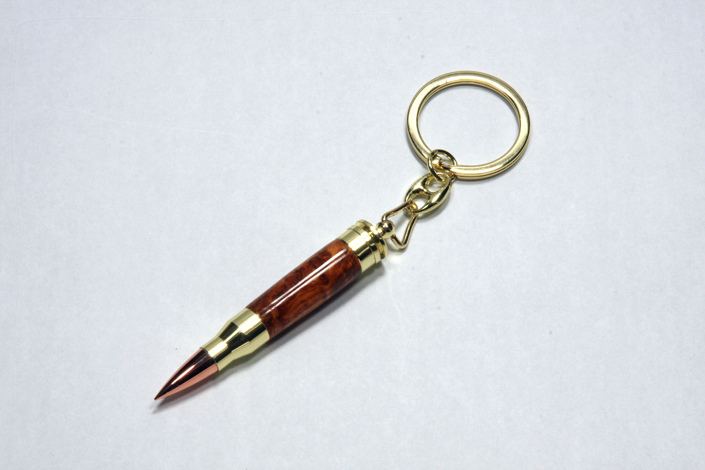 Handcrafted Mini Cartridge Keychain - Gold Plated with Amboyna Burl Wood Barrel