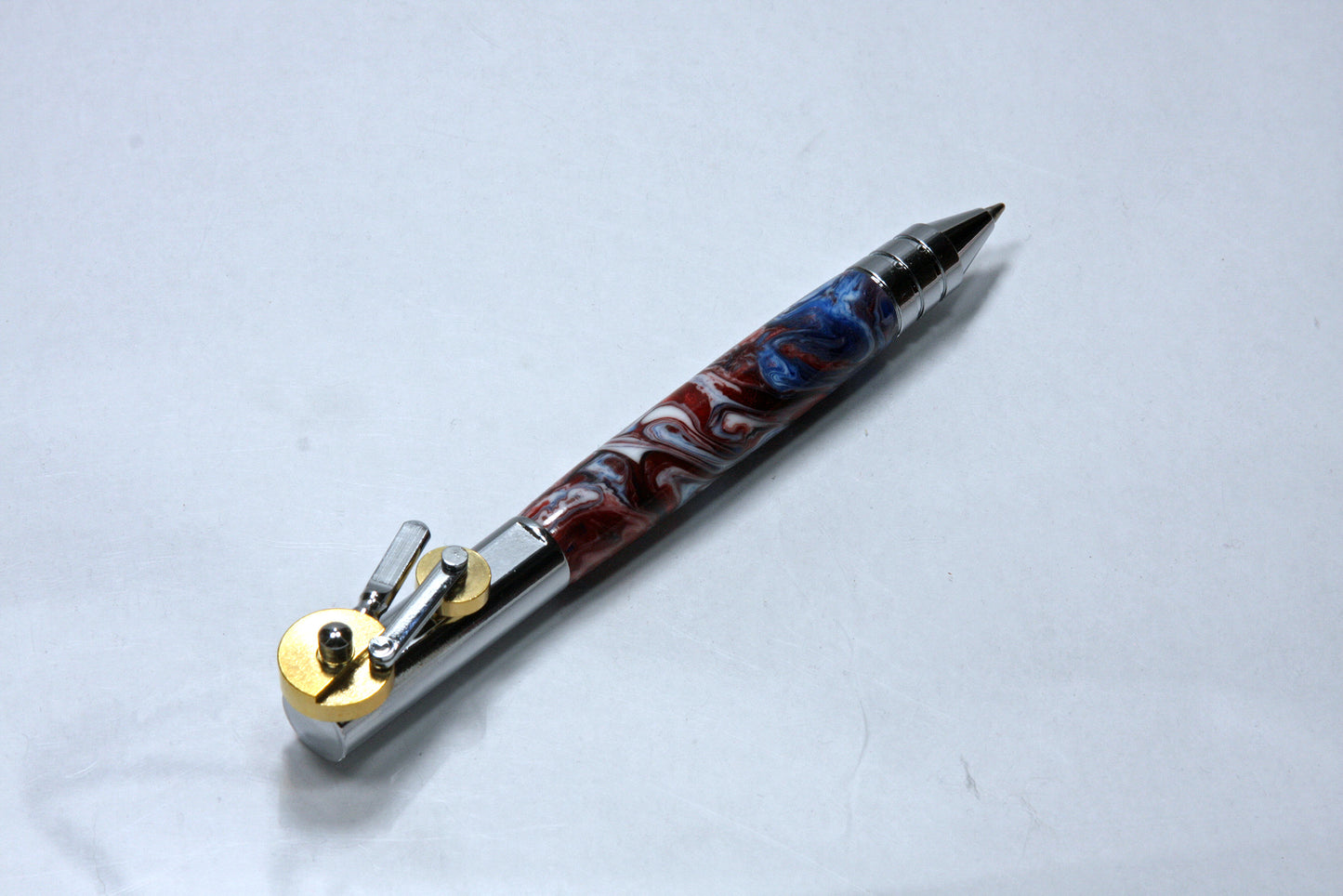 Steampunk Piston Ballpoint Pen with Clever Gear Action and patriotic acrylic Body