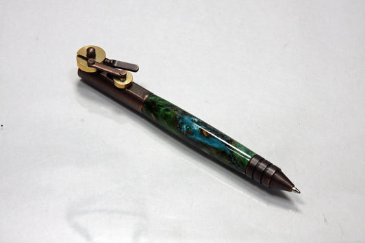 Steampunk Piston Ballpoint Pen with Clever Gear Action and Cottonwood Burl Body