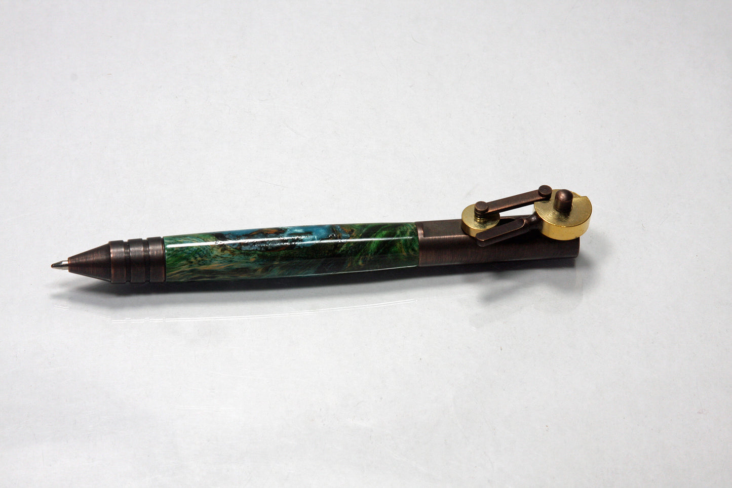 Steampunk Piston Ballpoint Pen with Clever Gear Action and Cottonwood Burl Body